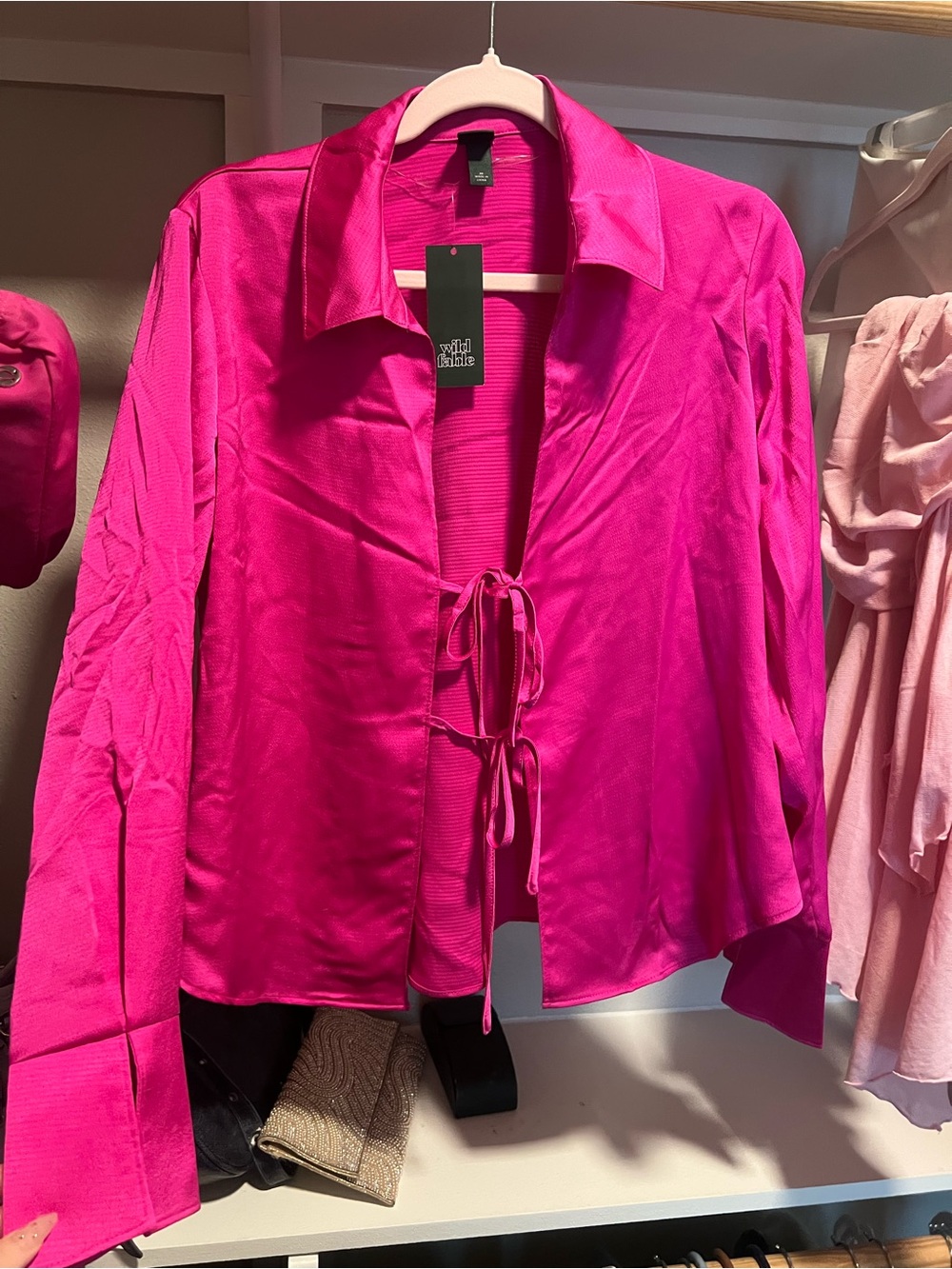 wild fable Fuchsia Tie-Front Satin Blouse